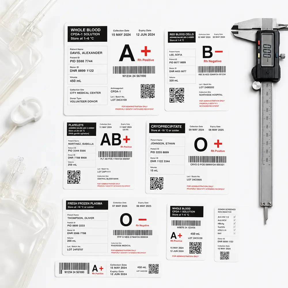 Blood bag label testing and samples